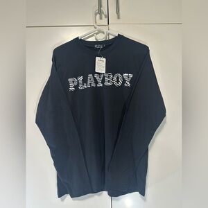Playboy Zebra Graphic Design Logo Long Sleeve Crew Neck Black Shirt Men's L